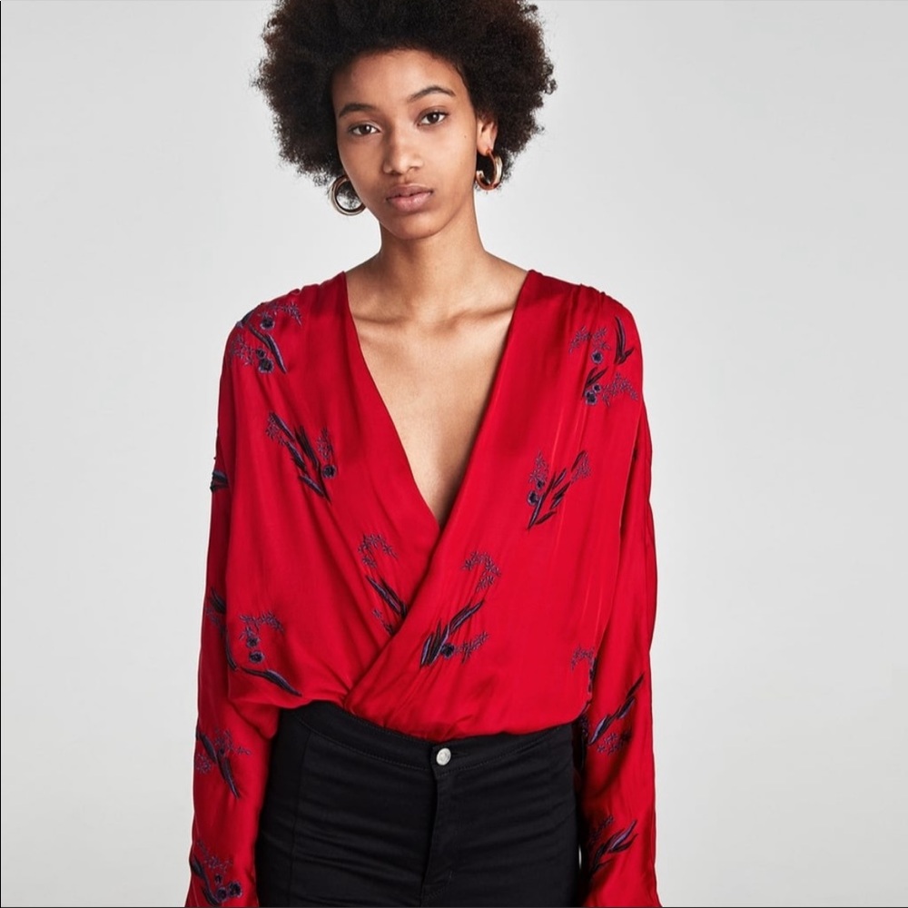 Zara red beaded embroidered body suit